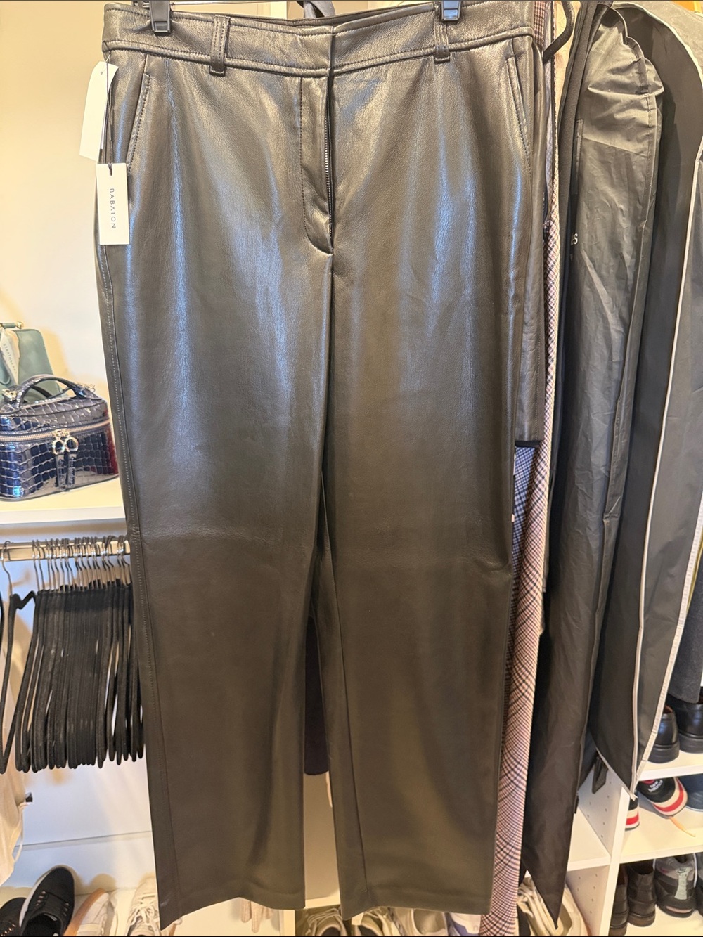 Babaton Black Faux Leather Straight-Leg Pants
